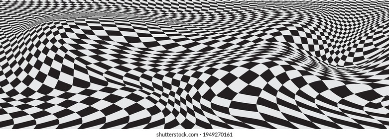  Chess waves board. Abstract 3d black and white illusions. Pattern or background with wavy distortion effect. Vector illustration