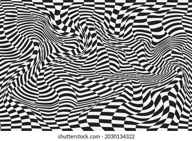  Chess waves board. Abstract 3d black and white illusions. Pattern or background with wavy distortion effect. Vector illustration