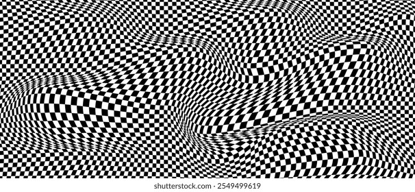 Chess wavy board optical visual illusion, checkerboard banner template. Black and white checkers squares, vector abstract background