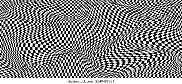 Chess wavy board optical visual illusion, checkerboard banner template. Black and white checkers squares, vector abstract background.