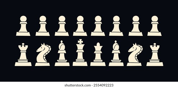 Chess white pieces: king, queen, rook, pawn, knight, queen, bishop. Game of logic and strategy. Doodle cartoon stickers of chess game by hand drawn