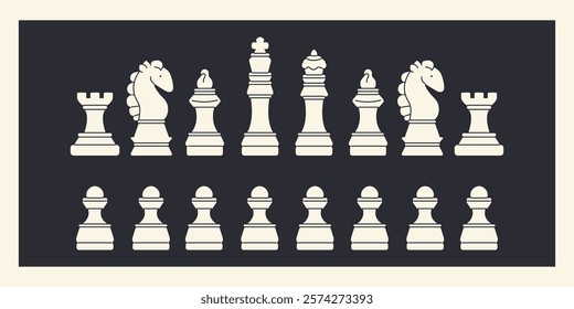 Chess white pieces: rook, knight, bishop, king, queen, and pawns. Strategy game symbols in black and white. Minimalist chess art illustration.