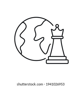 Chess world linear icon. Traditional intellectual board game thin line customizable illustration. Contour symbol. Queen figure with Earth vector isolated outline drawing. Editable stroke