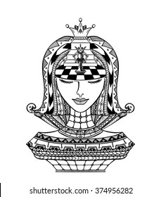 Chess Zen tangle Girl with crown  black on white.  Concept as a pawn became queen or  for coloring page or coloring book or on avatar  or for decoration clothes or  accessories or different things