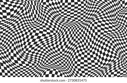 Chessboard abstrato fundo quadriculado. Superfície distorcida em preto e branco. Orientação do álbum. Banner abstrato com distorção. Ilustração vetorial.
