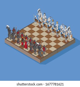 Chessboard with armored human figures in isometric view
