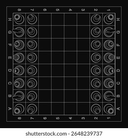 A chessboard with arranged chess pieces viewed from above, featuring white grid lines on a black background. The vector illustration includes a clean, minimalist design with clearly defined squares.