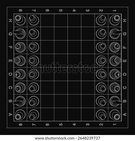 A chessboard with arranged chess pieces viewed from above, featuring white grid lines on a black background. The vector illustration includes a clean, minimalist design with clearly defined squares.
