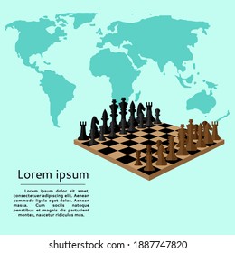 Chessboard banner design with chess pieces on a world map background. Vector