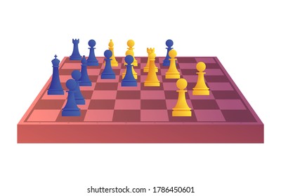 Chessboard with blue and yellow chess pieces isolated icon. Intellectual duel and tactical battle on chess board vector illustration. Chess tournament, professional sport competition cartoon sign.