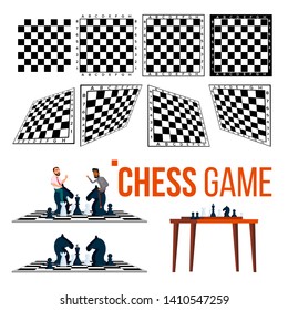 Chessboard And Character Game Player Set Vector. Chessboard In Different Side View And On Wooden Table, Man Play On Black Horse Chess Piece. Funny Boardgame Flat Cartoon Illustration