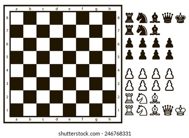 Chessboard or character set of chess pieces. Vector illustration.