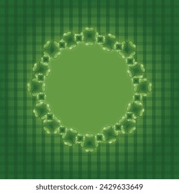 Chessboard, checkerboard green background banner with four-leaf lucky clover frame	