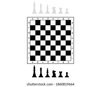 Chessboard with chess figures. Board game illustration. Chessman set. Vector isolated on white