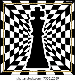 Chessboard with a chess piece King and a gold frame. Traditional Christmas holiday game.