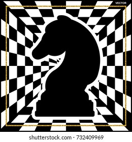 Chessboard with a chess piece Knight and a gold frame. Traditional Christmas holiday game.