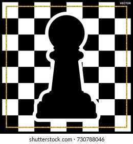 Chessboard with a chess piece Pawn and a gold frame. Traditional Christmas holiday game.