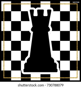Chessboard with a chess piece Rook and a gold frame. Traditional Christmas holiday game.