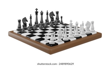 Chessboard with chess pieces 3d vector illustration. Realistic all chessmen black and white collection. Strategy intellectual board game figures. Queen and king, knight or horse, rook, bishop and pawn