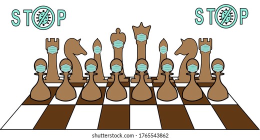 Chessboard with chess pieces.  According to new normal chess pieces wear medical masks.
