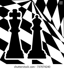 Chessboard with a chess pieces King and Queen. Traditional Christmas holiday game.