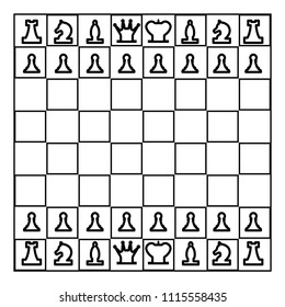 Chessboard and chess pieces line figures icon black color