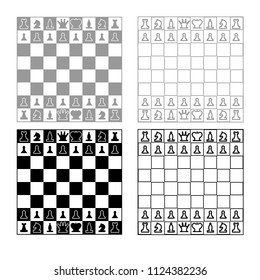 Chessboard and chess pieces line figures icon outline set grey black color
