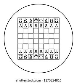 Chessboard and chess pieces line figures icon black color in round circle outline