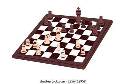 Chessboard and chess pieces. Strategy board game. Figures opponents on checkerboard. Battle, fight, championship of competitors teams concept. Flat vector illustration isolated on white background