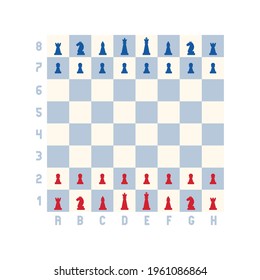 Chessboard with chess pieces. Vector flat illustration with chessmen