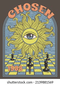 chessboard with chess and sun with eye, psychedelic print on t-shirt in 80s style