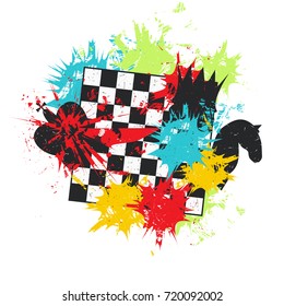 Chessboard and color spots. Grunge vector illustration