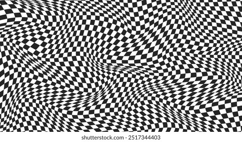 Chessboard distorted surface. Abstract black and white checkered background with distortion effect. Album orientation. Abstract banner with distortion. Vector illustration.