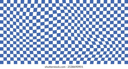 Chessboard distorted surface. Abstract blue and white checkered background with distortion effect. Album orientation. Abstract banner with distortion. Vector illustration.