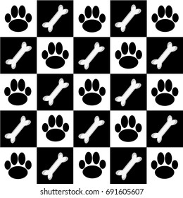 Chessboard with dog paws and bone. Vector illustration.