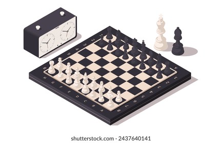 Chessboard. Famous board game in the world. Chess pieces pawn, knight, bishop, rook, king and queen. Time clock. Concept of competitive match. For two players. Isometric vector illustration