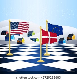 Um tabuleiro com as bandeiras dos Estados Unidos, da Dinamarca e da União Europeia, com uma paisagem nevada com pequenas casas coloridas como as da Gronelândia ao fundo.