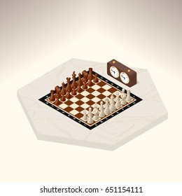Chessboard, game pieces and chess clock on a marble table