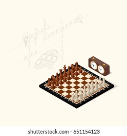 Chessboard, game pieces and chess clock on a light background