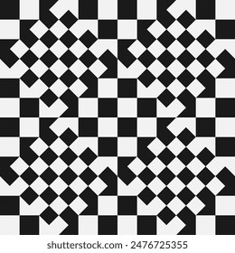 Chessboard geometric seamless pattern. Groovy pattern. Geometric abstract retro vintage backdrop. Background of black white squares and rhombuses. Checkered wallpaper. Checkerboard background. 