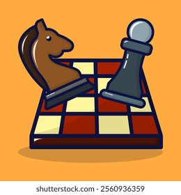 Chessboard icon with chess pawn and knight. Strategy and tactics game concept. Lineal color style isolated on premium design. Flat cartoon vector illustration. 