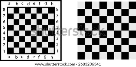 Chessboard icon set with black and white checkerboard squares, 8x8 grid board design with coordinates and plain version, isolated vector illustration for chess game and strategy concept