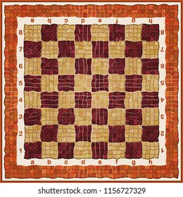 Chessboard made of broken ceramic tiles, prehistoric style