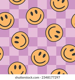 Chessboard pattern. Smiling face pattern. Happy faces. Retro pattern. Groovy background