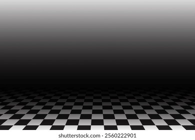 Chessboard perspective floor with white and black pattern. 3D checkered background. Vector retro grid surface abstract space. Mosaic isometric table surface.