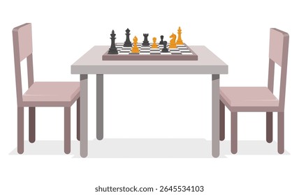 Chessboard with Pieces and Chairs, Ready for a Game on a Table