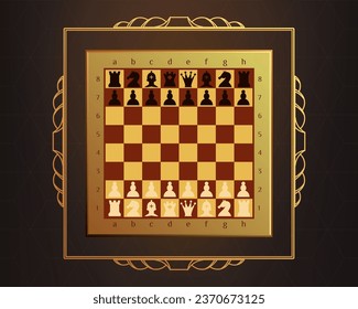 Chessboard with pieces. Vintage chessboard in a gold engraved frame. Set of chess pieces icons. Board game, strategy, online chess. Game board template, chess set, cartoon, vector illustration.