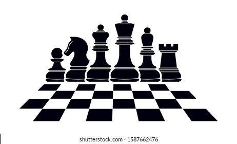 Chessboard. Playing chess on the Board. Chess icons. Vector chess isolated on white background. King, Queen, rook, knight, Bishop, pawn. Silhouettes of chess pieces. Black and white  