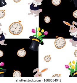 Chessboard seamless pattern with rabbit, stovepipe hat, tulips and clock inspired by Alice in Wonderland. Vector spring seamless design
