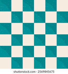 Chessboard, seamless pattern with turquoise and white cells. Checker pattern.
